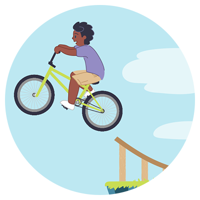 Teen boy taking risk riding bike off ramp