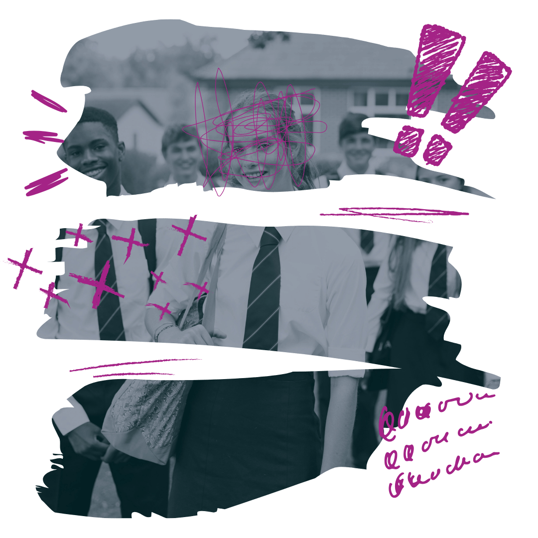 A ripped photo of happy students, with scribbles drawn over them