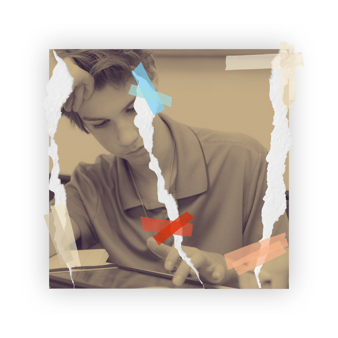 A photo of a teen boy ripped and sticky taped back together