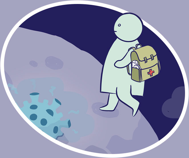 Cartoon character wearing a backpack and navigating past a virus