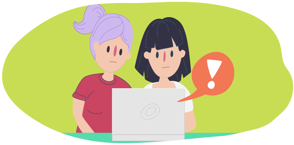 Two girls looking at laptop with exclamation point