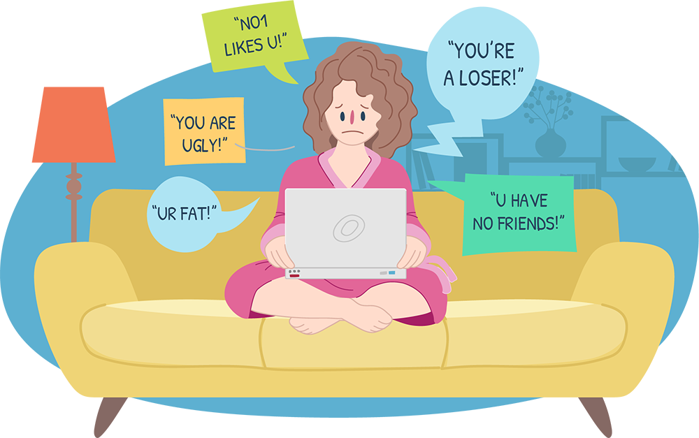 Upset teen girl sitting on couch being cyberbullied