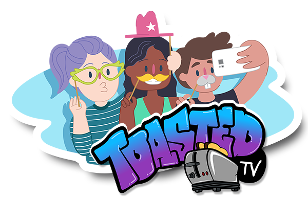 Two teen girls and a boy taking a selfie with party props Two teen girls and a boy taking a selfie with party props