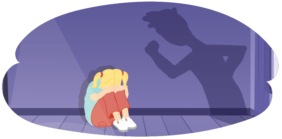 Girl hiding with her head in her knees with adult shadow over her