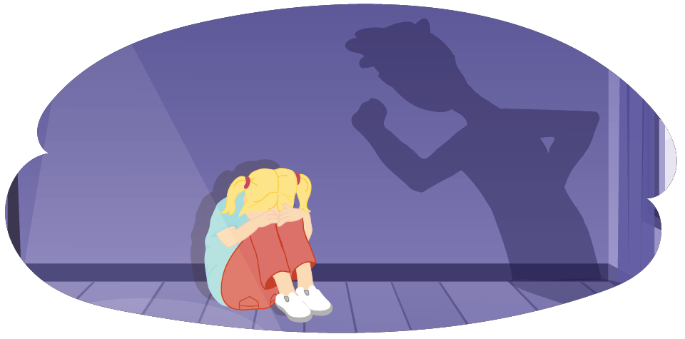 Girl hiding with her head in her knees with adult shadow over her