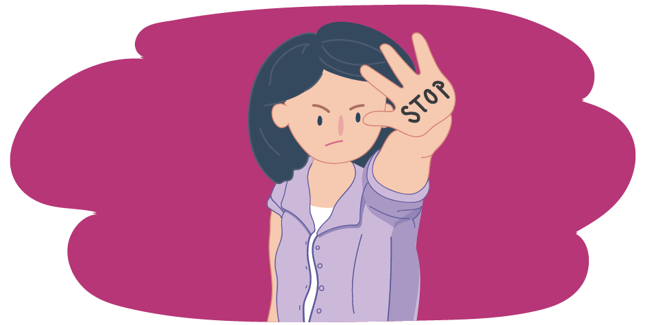 Girl holding up her palm with STOP written on it