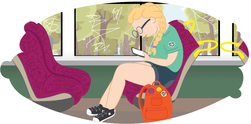 Girl sitting on train texting mum that she is staying at dad's house tonight
