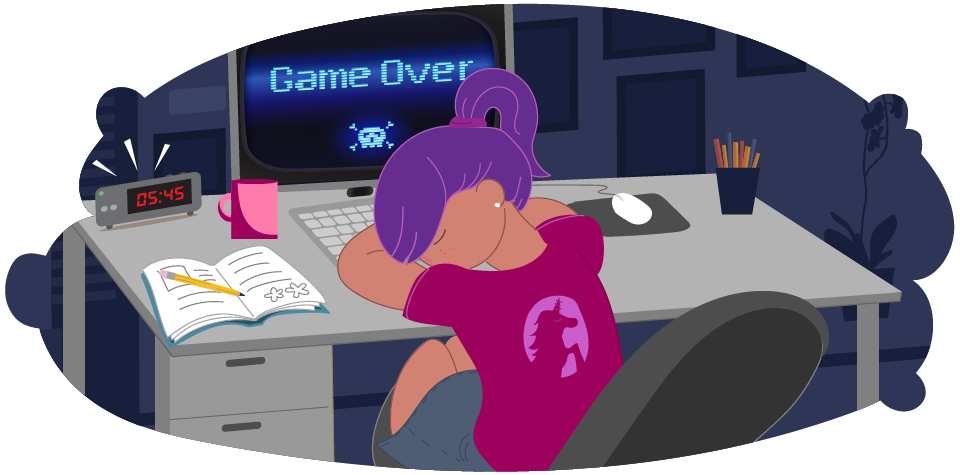 Girl sleeps in front of computer screen that says "game over"