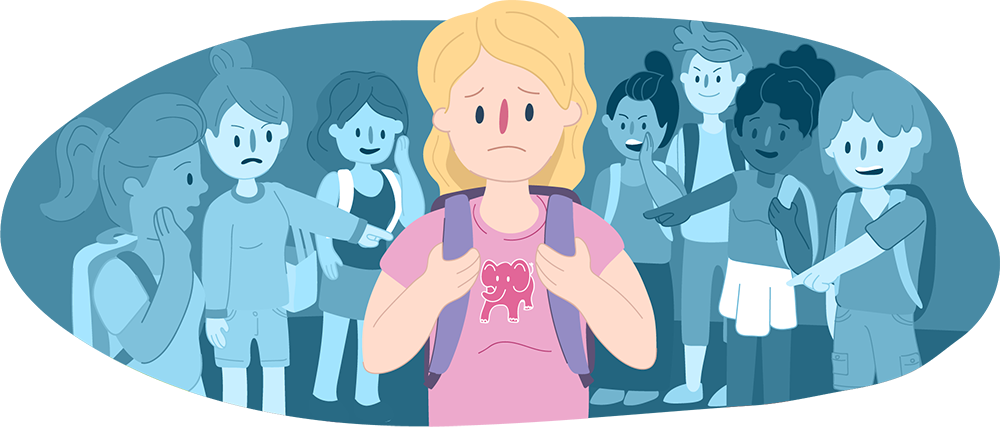 Teen girl at school wearing a back pack being pointed at by a large group of students around her