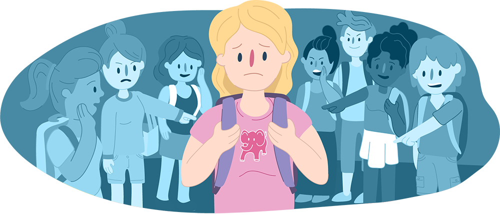 Girl at school, standing in the middle surrounded by other teens either side whispering to each other and pointing at her.