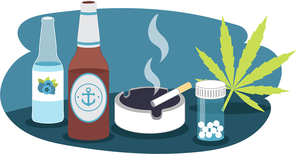 Illustration of beer bottle, RTD, smoking cigarette, cannabis leaf, pills