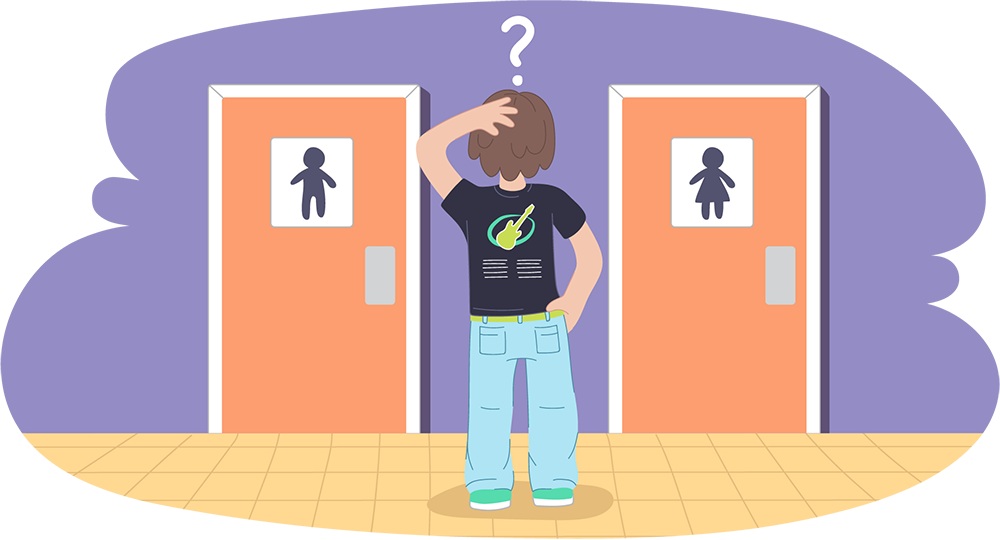Young person standing in front of mens and ladies toilet doors confused about which one to go through