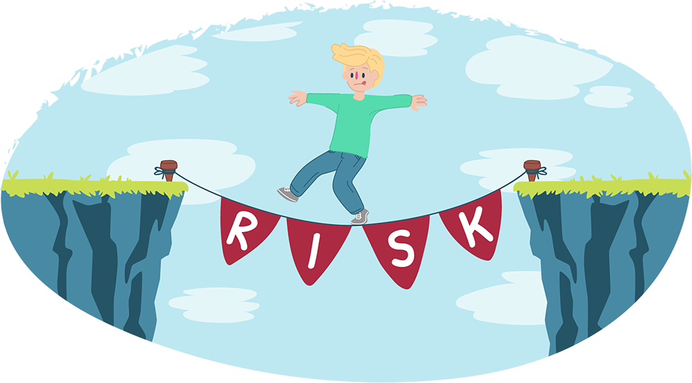 Guy walking across tightrope which spells the word 'risk'
