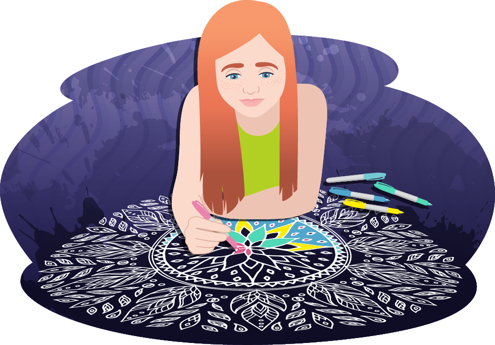 Teen girl colouring in a mandala