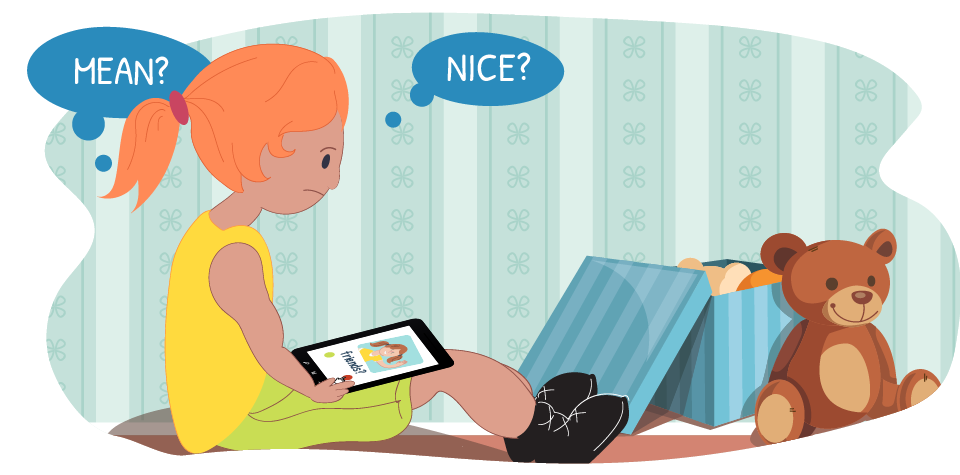 Girl on device with thought bubbles "nice?" or "mean?" 