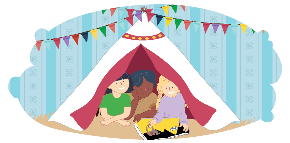 Three friends in a teepee reading a book together
