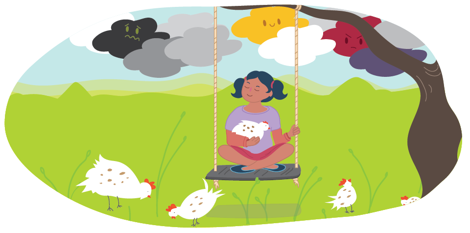 Girl sitting on swings alone with chickens