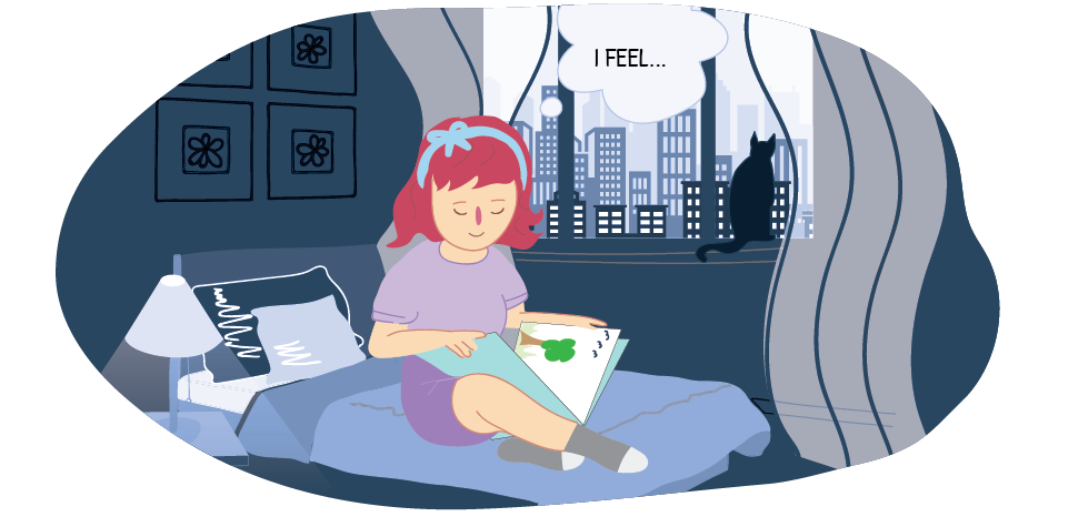 Girl reading in room with "I feel..." thought bubble