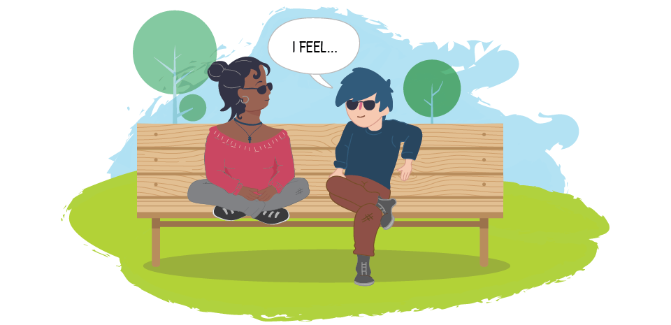 Two teens on park bench, one saying "I feel..."