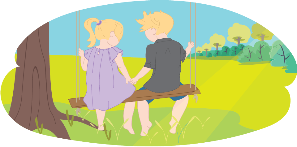 Two kids on a swing together