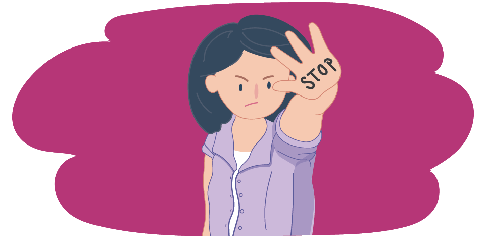 Girl holding her palm out with STOP written on it